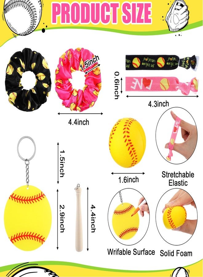 Cosblank 72 Pcs Softball Party Favors Include 12 Softball Foam Stress Ball 12 Keychains 12 Hair Scrunchies 12 Hair Ties 12 Pcs Drawstring Bags 12 Cooling Towel (Pink) - Image 3